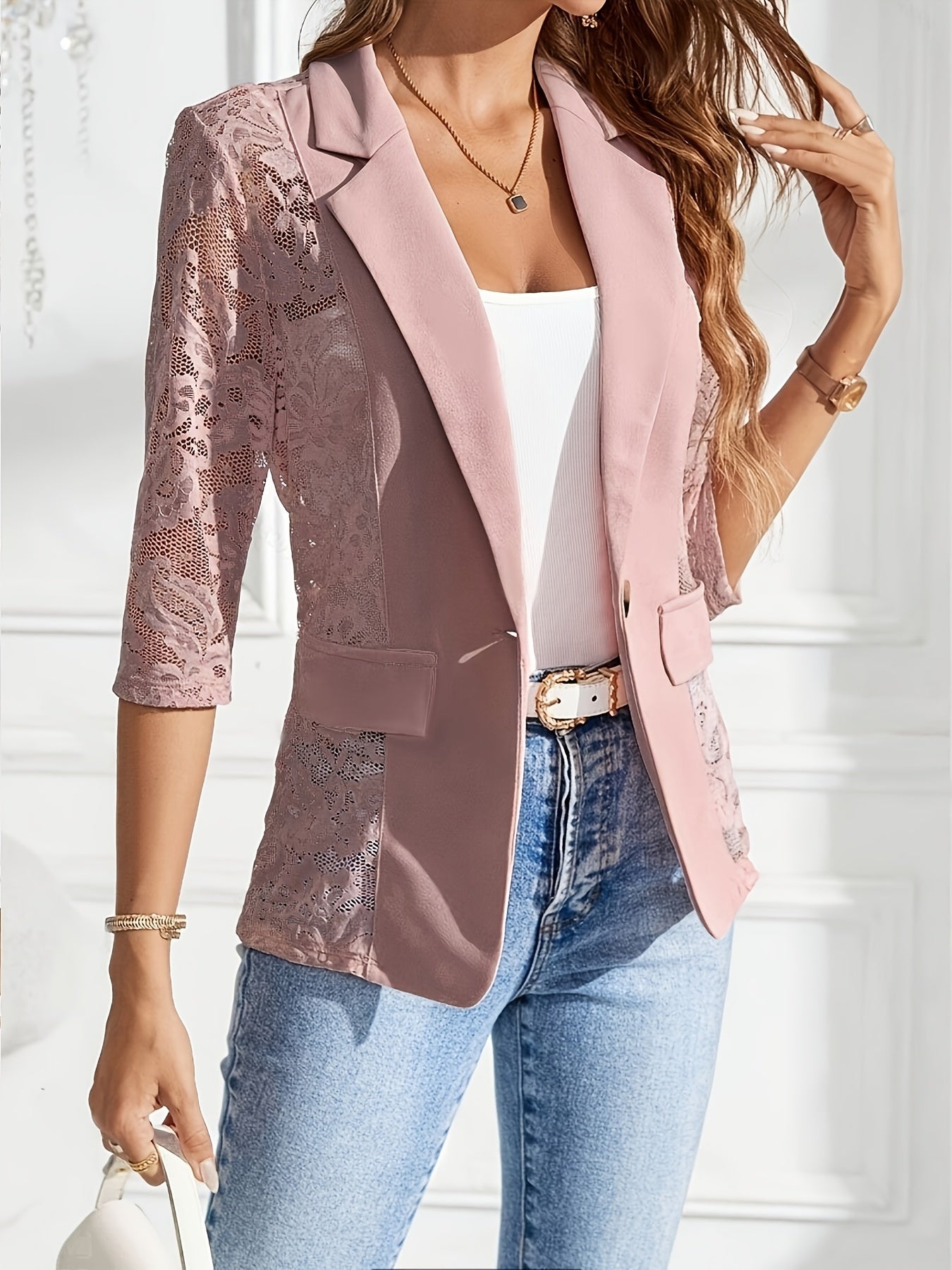 Women's Elegant Single-Breasted Blazer - Long Sleeve, Open Front, Smooth Polyester with Contrast Lace Detail, Lightweight 120g/m², Spring/Fall Office Wear | Sheer Design | Micro Elasticity